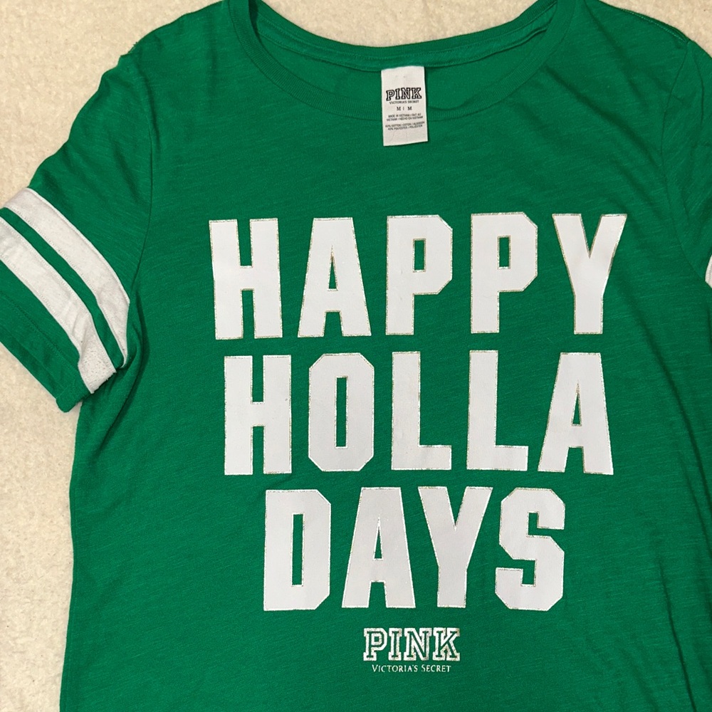 PINK Victoria's Secret Festive Green Tee Happy Holla Days